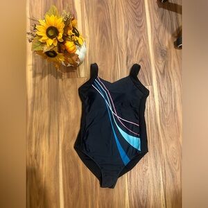 Younique Black One-Piece Swimsuit with Blue and Pink Stripes